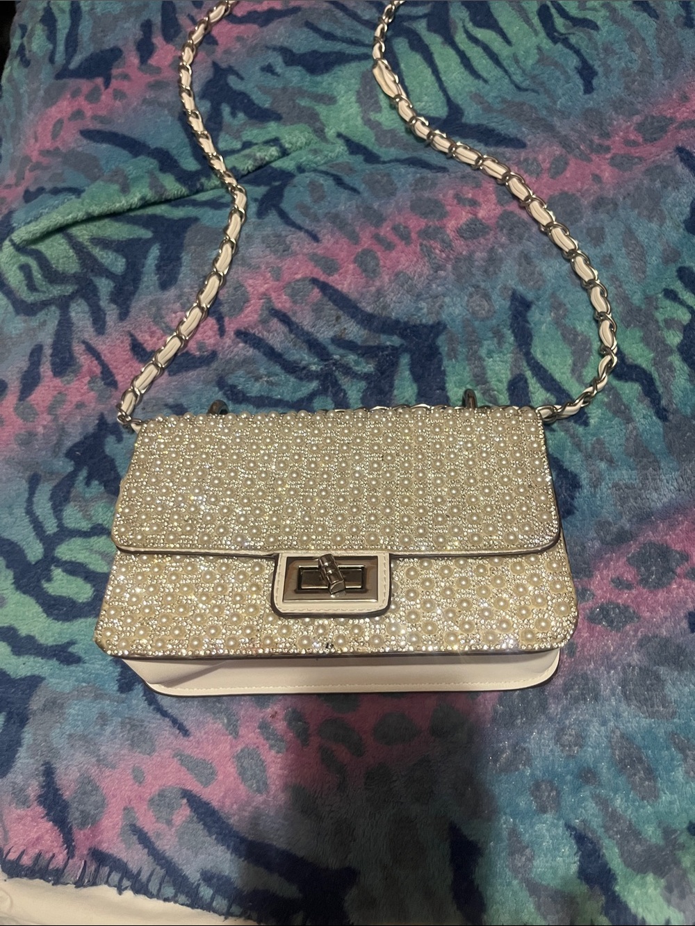 Aldo Pearl-Embellished Silver White Crossbody Bag
